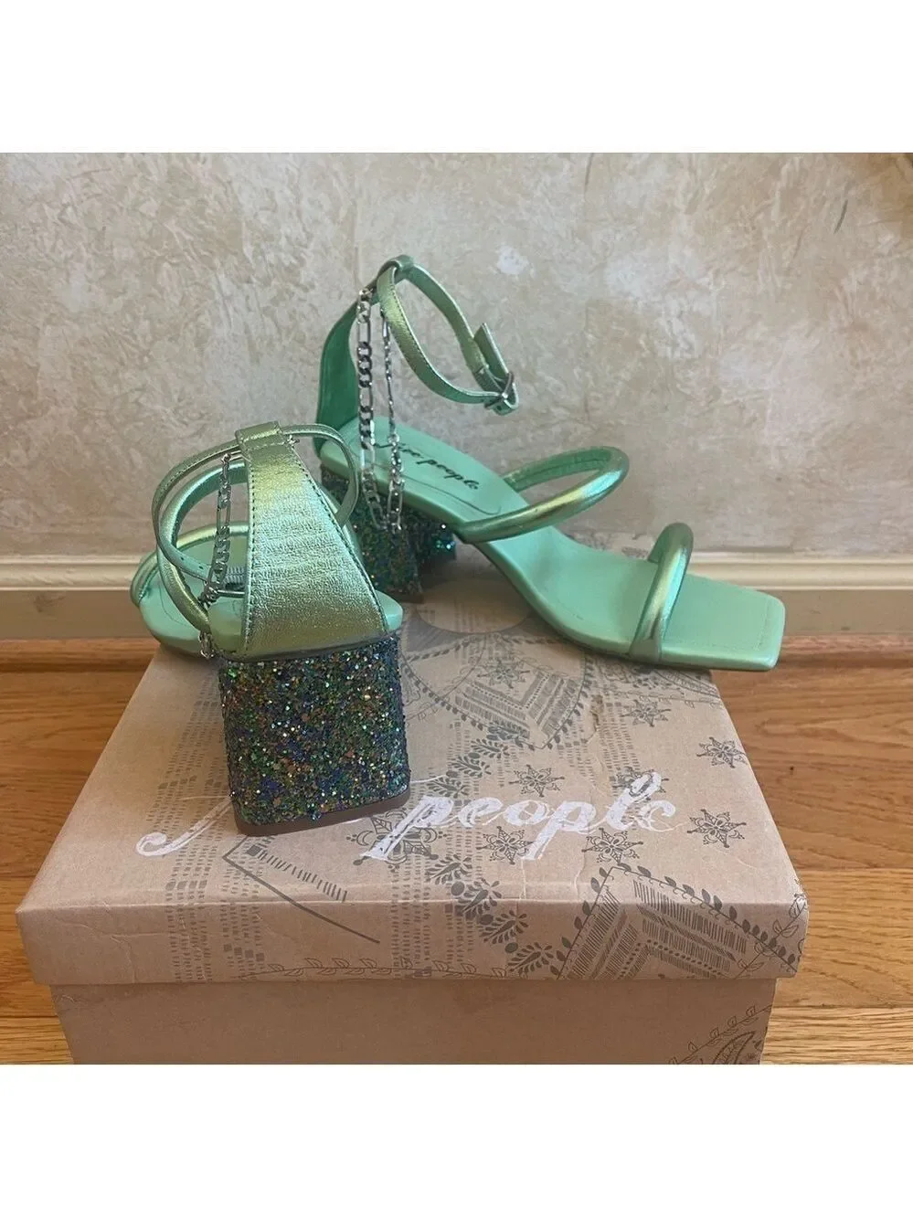 Free People Parker Silver Chain Heels Green Lime Metallic Sz 39